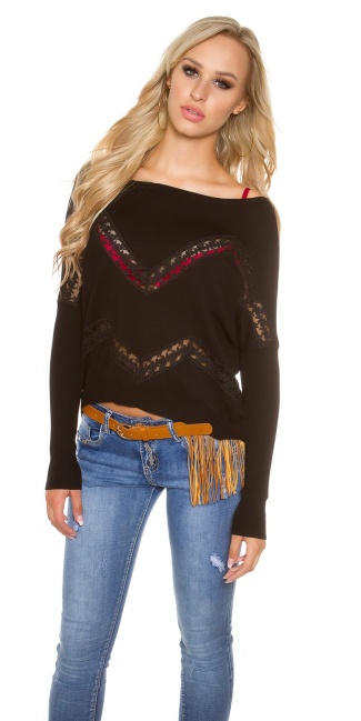 Trendy pullover with lace and rhinestones Black